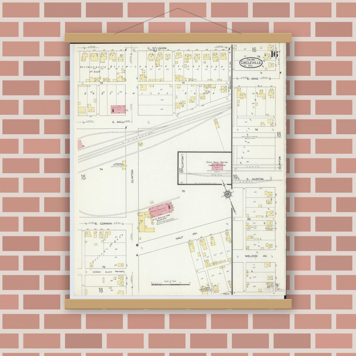Old map wall art mockup — magnetic wood frame on brick wall — Sanborn Fire Insurance Map from Circleville, Pickaway County, Ohio (1914), Sheet #0016