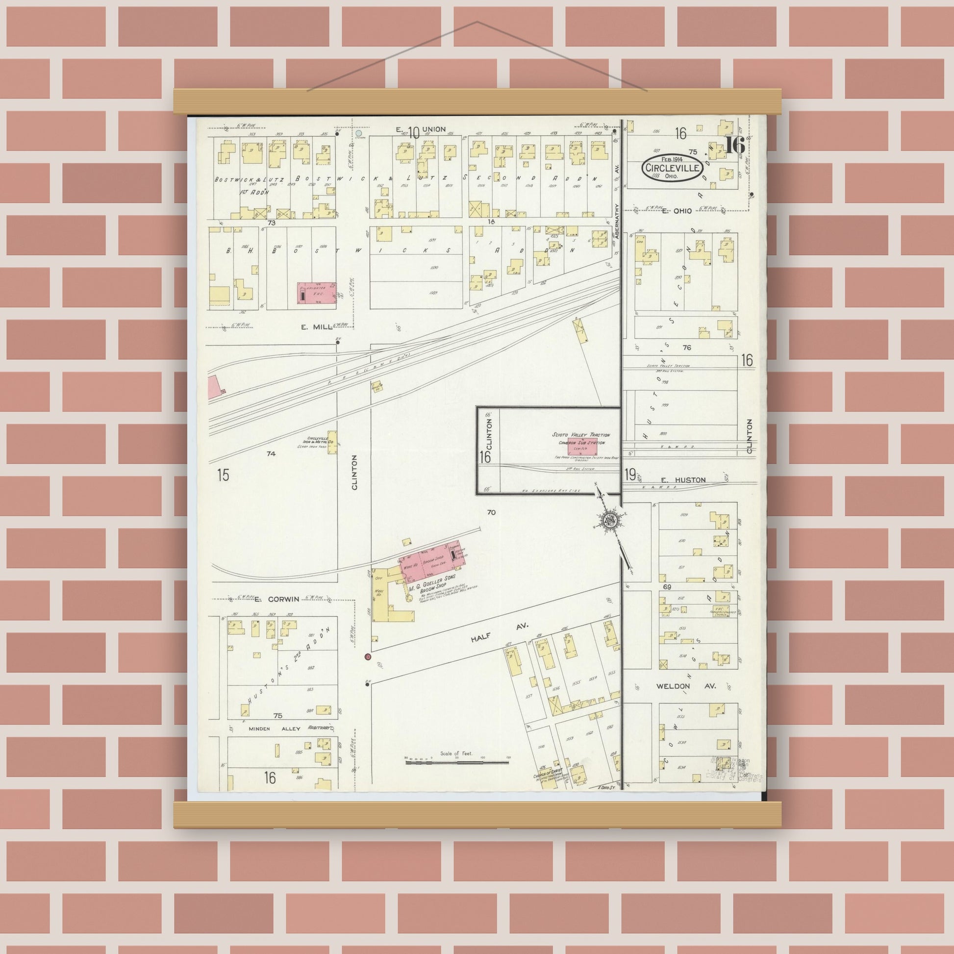 Old map wall art mockup — magnetic wood frame on brick wall — Sanborn Fire Insurance Map from Circleville, Pickaway County, Ohio (1914), Sheet #0016