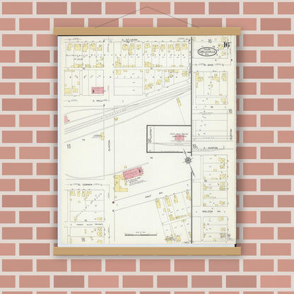 Old map wall art mockup — magnetic wood frame on brick wall — Sanborn Fire Insurance Map from Circleville, Pickaway County, Ohio (1914), Sheet #0016