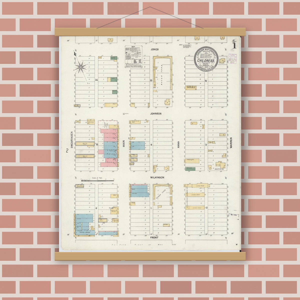 Old map wall art mockup — magnetic wood frame on brick wall — Sanborn Fire Insurance Map from Childress, Childress County, Texas (1902), Sheet #0001