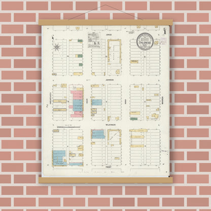 Old map wall art mockup — magnetic wood frame on brick wall — Sanborn Fire Insurance Map from Childress, Childress County, Texas (1902), Sheet #0001