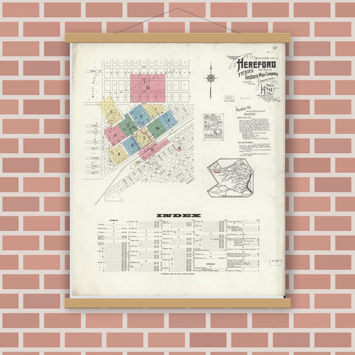 Old map wall art mockup — magnetic wood frame on brick wall — Sanborn Fire Insurance Map from Hereford, Deaf Smith County, Texas (1920) - Complete Map Set