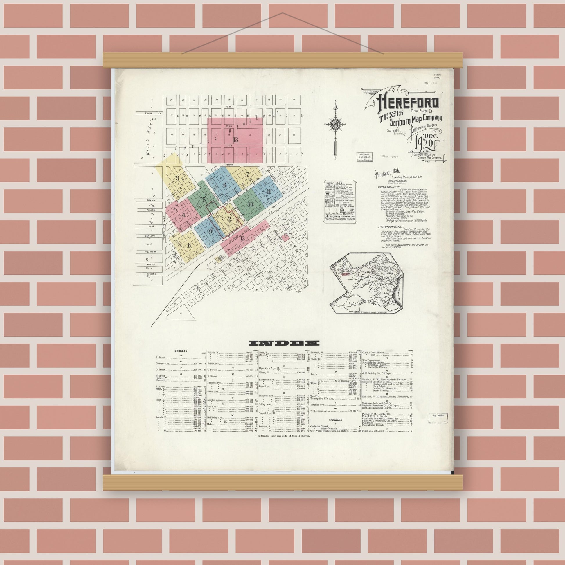 Old map wall art mockup — magnetic wood frame on brick wall — Sanborn Fire Insurance Map from Hereford, Deaf Smith County, Texas (1920) - Complete Map Set