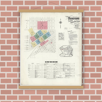 Old map wall art mockup — magnetic wood frame on brick wall — Sanborn Fire Insurance Map from Hereford, Deaf Smith County, Texas (1920) - Complete Map Set
