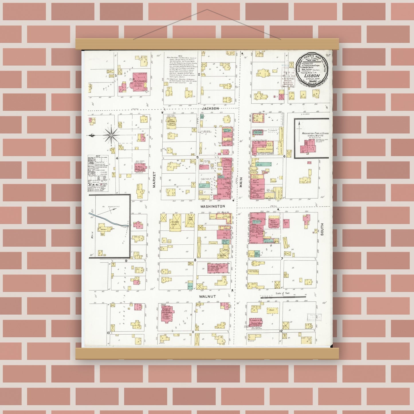Old map wall art mockup — magnetic wood frame on brick wall — Sanborn Fire Insurance Map from Lisbon, Linn County, Iowa (1900), Sheet #0001