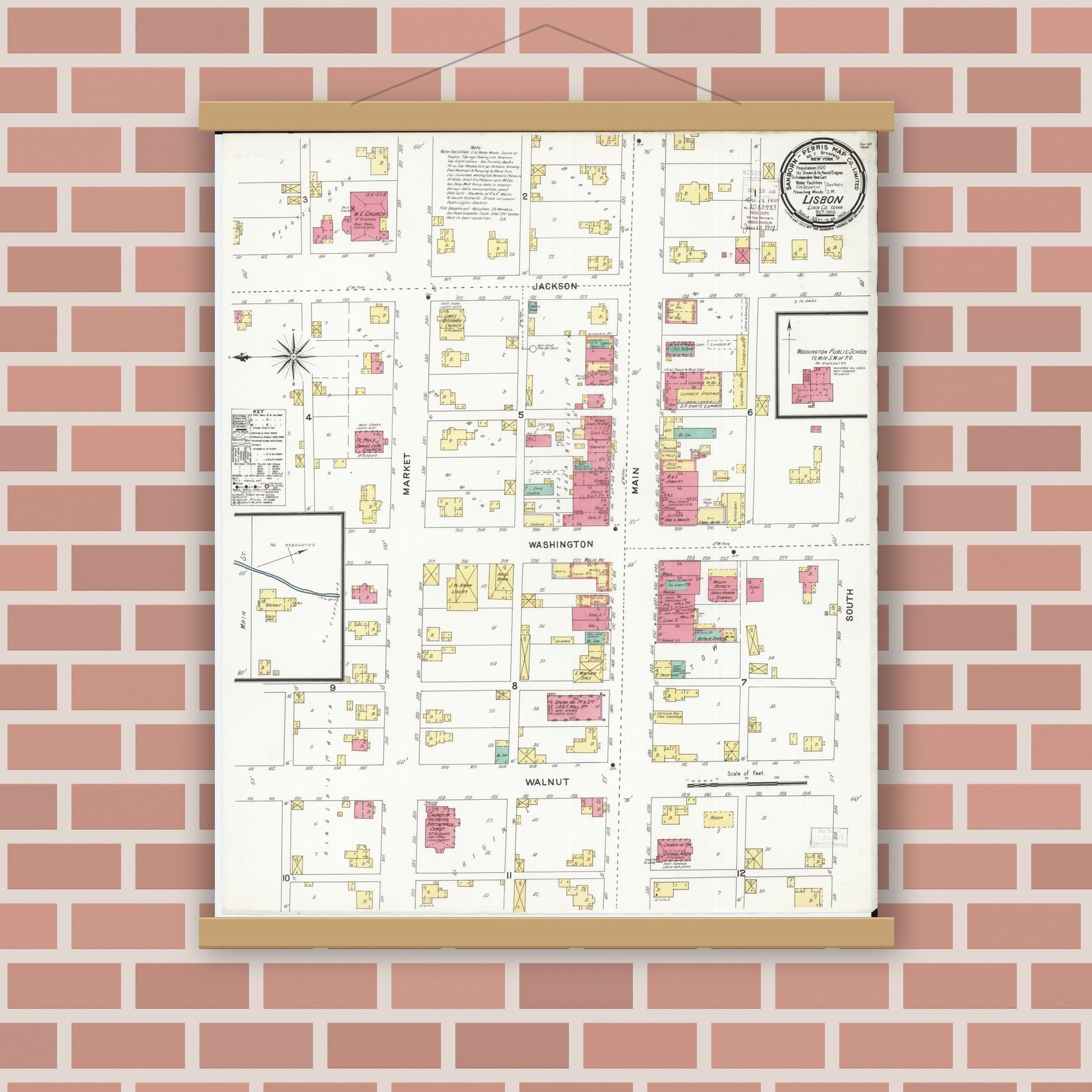 Old map wall art mockup — magnetic wood frame on brick wall — Sanborn Fire Insurance Map from Lisbon, Linn County, Iowa (1900), Sheet #0001