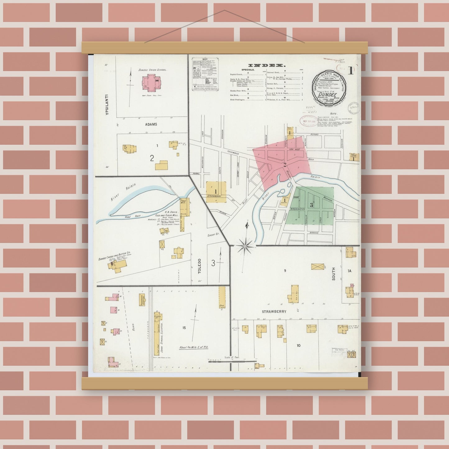 Old map wall art mockup — magnetic wood frame on brick wall — Sanborn Fire Insurance Map from Dundee, Monroe County, Michigan (1899), Sheet #0001