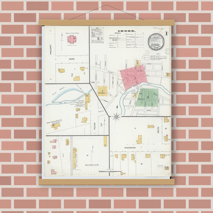 Old map wall art mockup — magnetic wood frame on brick wall — Sanborn Fire Insurance Map from Dundee, Monroe County, Michigan (1899), Sheet #0001