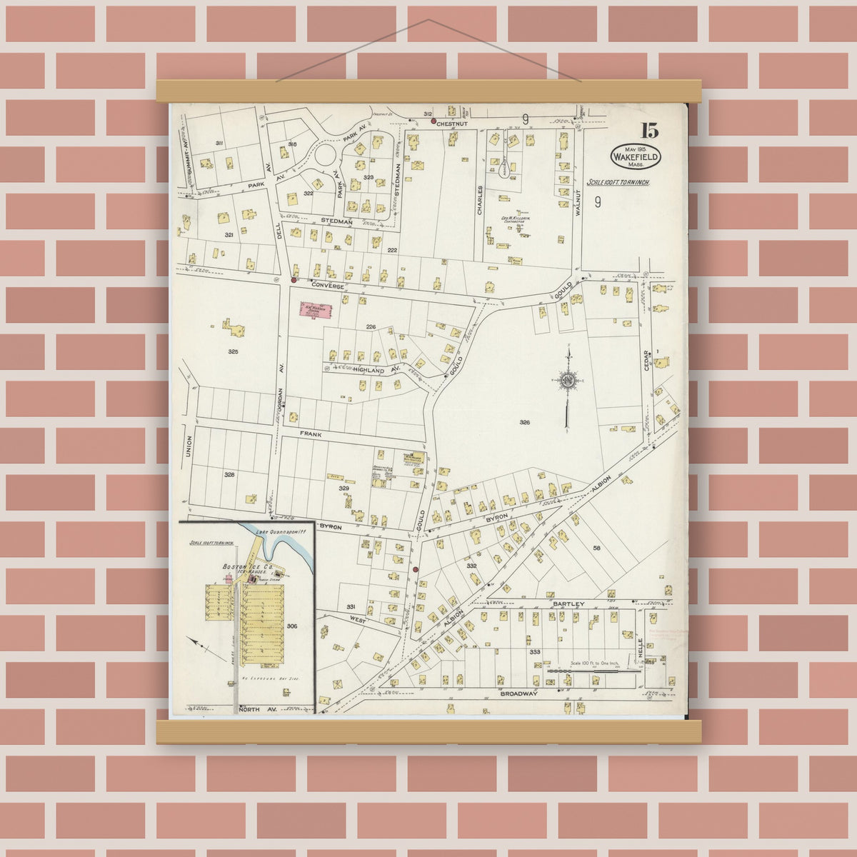 Old map wall art mockup — magnetic wood frame on brick wall — Sanborn Fire Insurance Map from Wakefield, Middlesex County, Massachusetts (1915), Sheet #0015