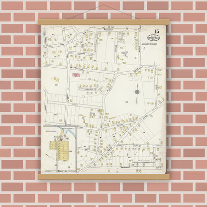 Old map wall art mockup — magnetic wood frame on brick wall — Sanborn Fire Insurance Map from Wakefield, Middlesex County, Massachusetts (1915), Sheet #0015