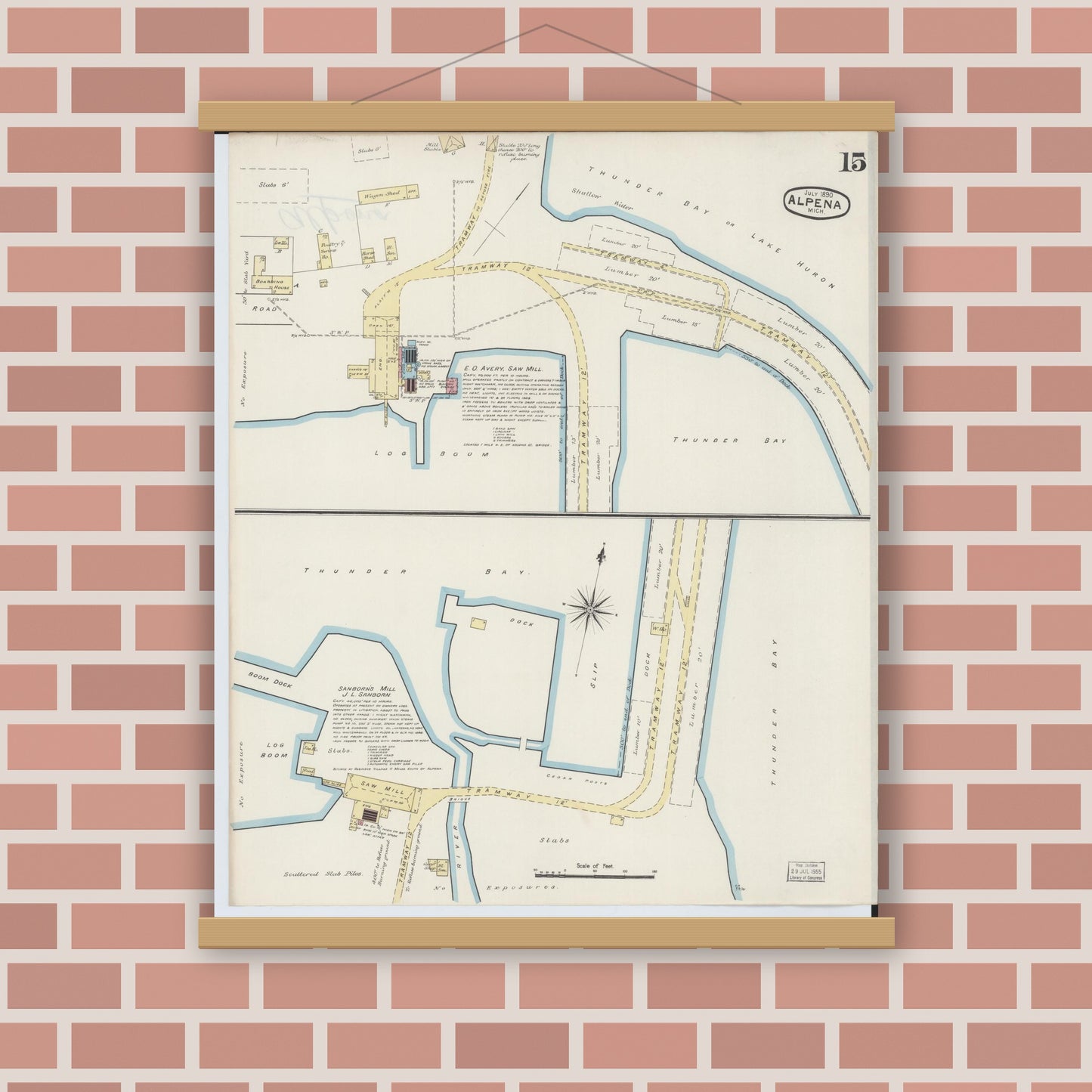 Old map wall art mockup — magnetic wood frame on brick wall — Sanborn Fire Insurance Map from Alpena, Alpena County, Michigan (1890), Sheet #0015