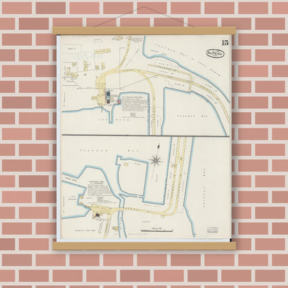 Old map wall art mockup — magnetic wood frame on brick wall — Sanborn Fire Insurance Map from Alpena, Alpena County, Michigan (1890), Sheet #0015