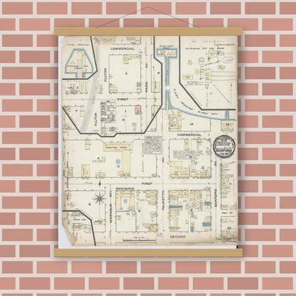 Old map wall art mockup — magnetic wood frame on brick wall — Sanborn Fire Insurance Map from Sanford, Seminole County, Florida (1884), Sheet #0001