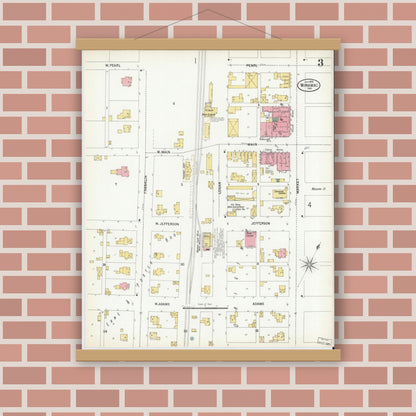 Old map wall art mockup — magnetic wood frame on brick wall — Sanborn Fire Insurance Map from Winamac, Pulaski County, Indiana (1899), Sheet #0003