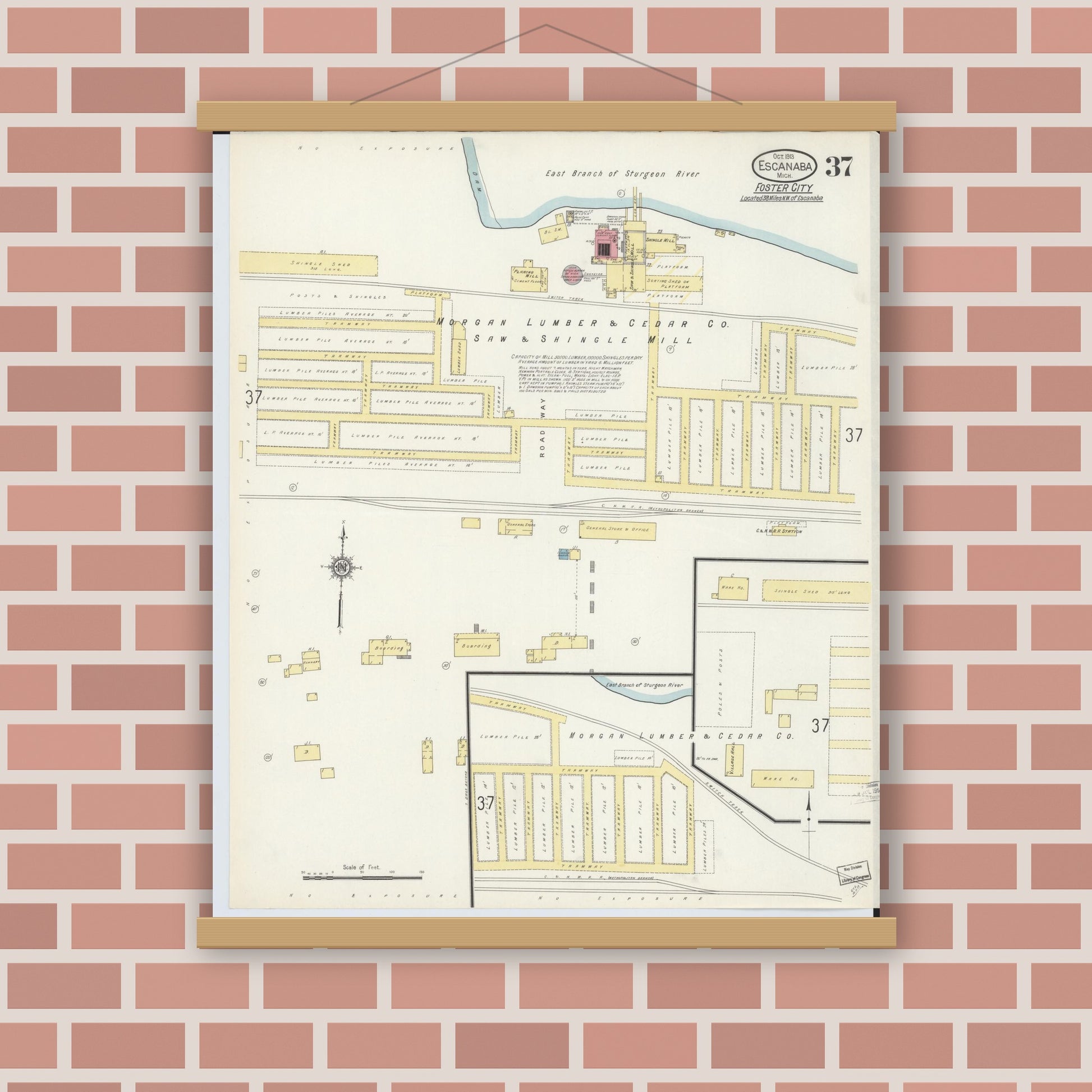 Old map wall art mockup — magnetic wood frame on brick wall — Sanborn Fire Insurance Map from Escanaba, Delta County, Michigan (1913), Sheet #0037