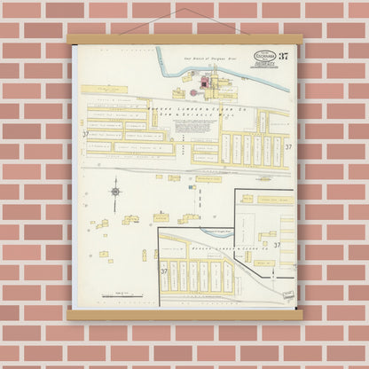 Old map wall art mockup — magnetic wood frame on brick wall — Sanborn Fire Insurance Map from Escanaba, Delta County, Michigan (1913), Sheet #0037