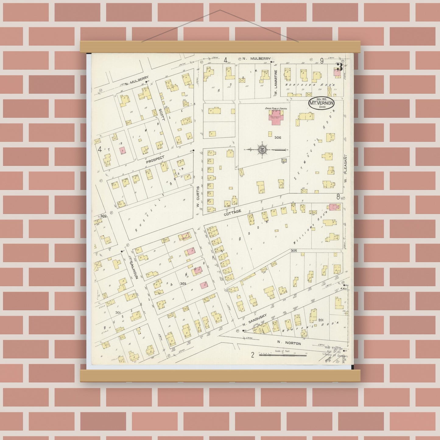 Old map wall art mockup — magnetic wood frame on brick wall — Sanborn Fire Insurance Map from Mount Vernon, Knox County, Ohio (1913), Sheet #0003