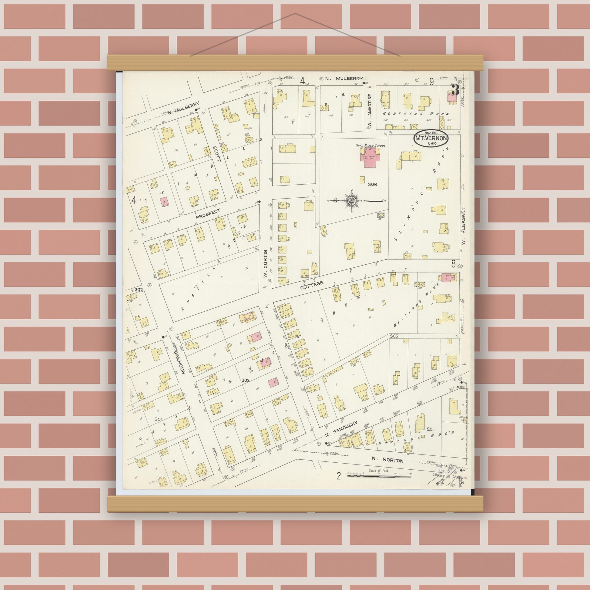 Old map wall art mockup — magnetic wood frame on brick wall — Sanborn Fire Insurance Map from Mount Vernon, Knox County, Ohio (1913), Sheet #0003