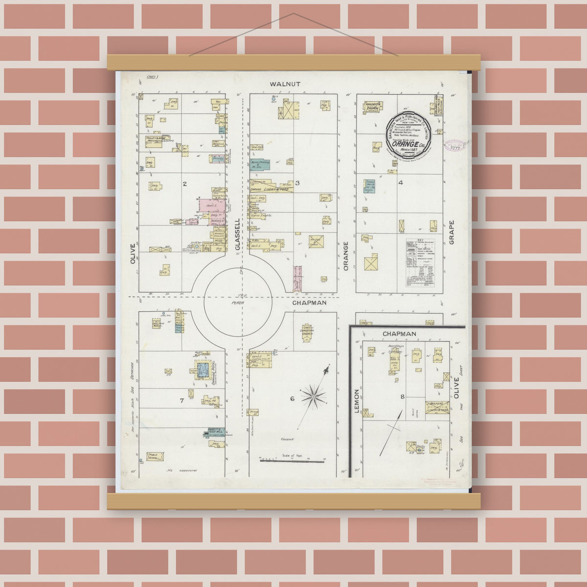 Old map wall art mockup — magnetic wood frame on brick wall — Sanborn Fire Insurance Map from Orange, Orange County, California (1887), Sheet #0001