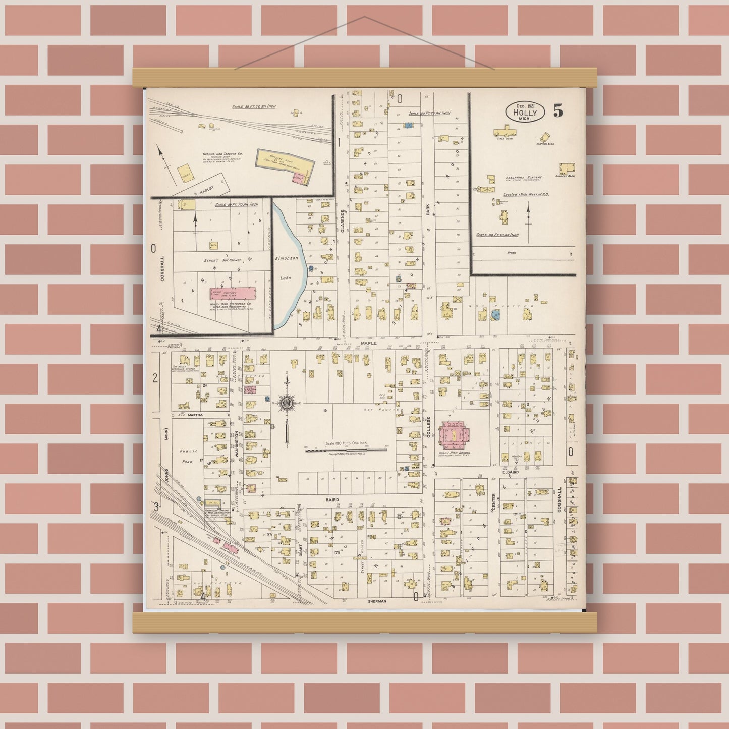Old map wall art mockup — magnetic wood frame on brick wall — Sanborn Fire Insurance Map from Holly, Oakland County, Michigan (1921), Sheet #0005