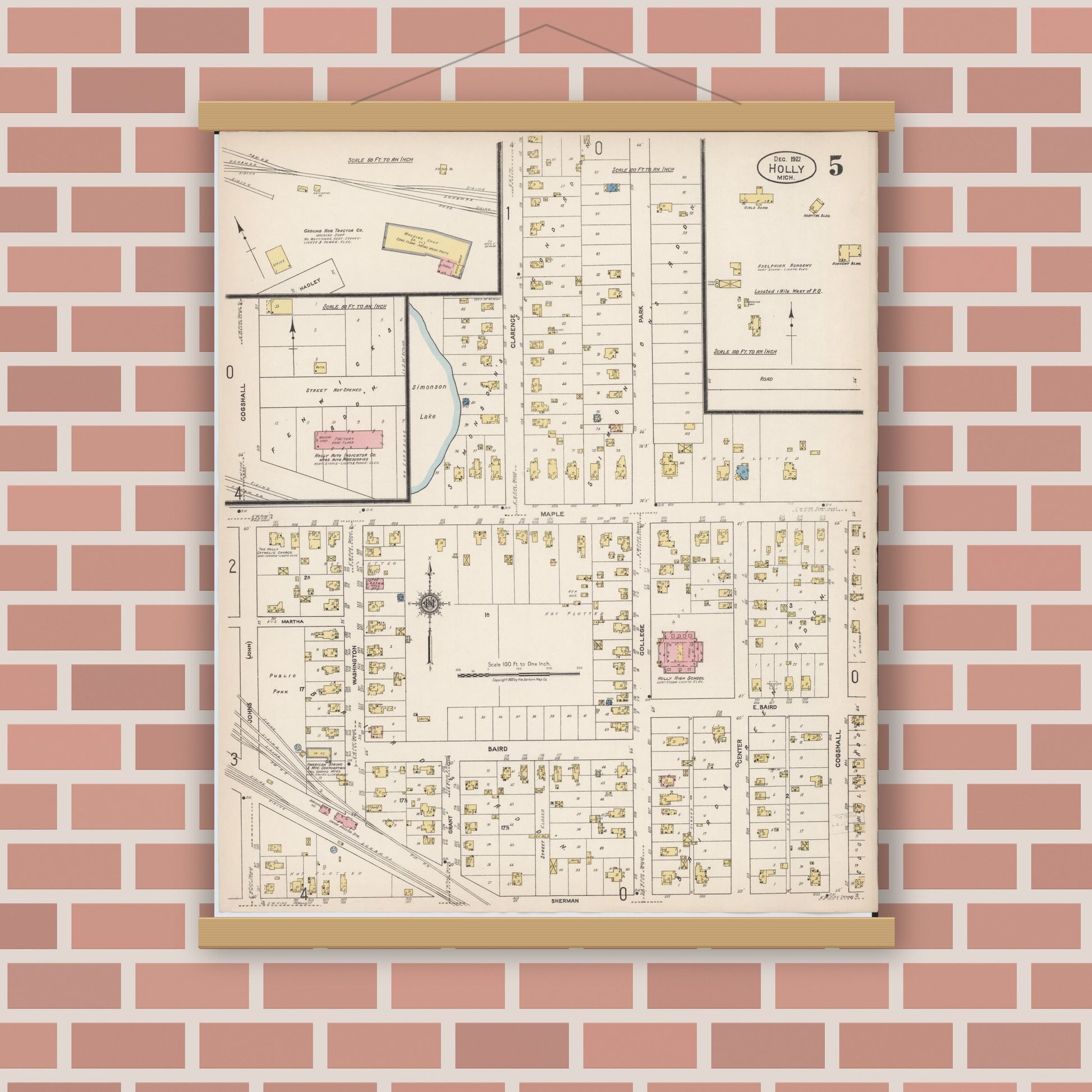 Old map wall art mockup — magnetic wood frame on brick wall — Sanborn Fire Insurance Map from Holly, Oakland County, Michigan (1921), Sheet #0005