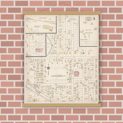 Old map wall art mockup — magnetic wood frame on brick wall — Sanborn Fire Insurance Map from Holly, Oakland County, Michigan (1921), Sheet #0005