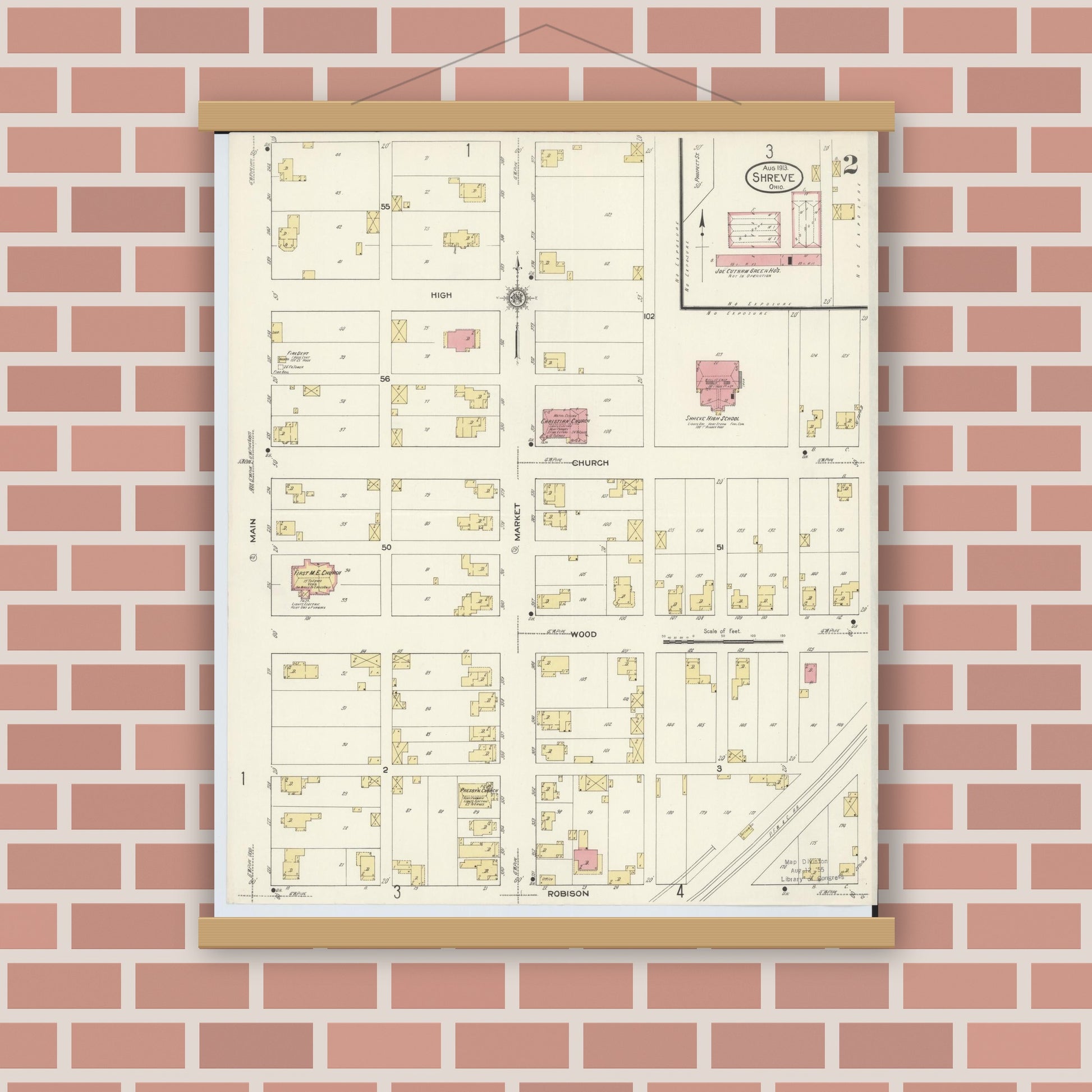 Old map wall art mockup — magnetic wood frame on brick wall — Sanborn Fire Insurance Map from Shreve, Wayne County, Ohio (1913), Sheet #0002