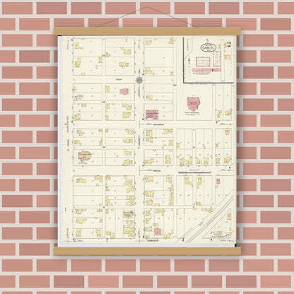 Old map wall art mockup — magnetic wood frame on brick wall — Sanborn Fire Insurance Map from Shreve, Wayne County, Ohio (1913), Sheet #0002