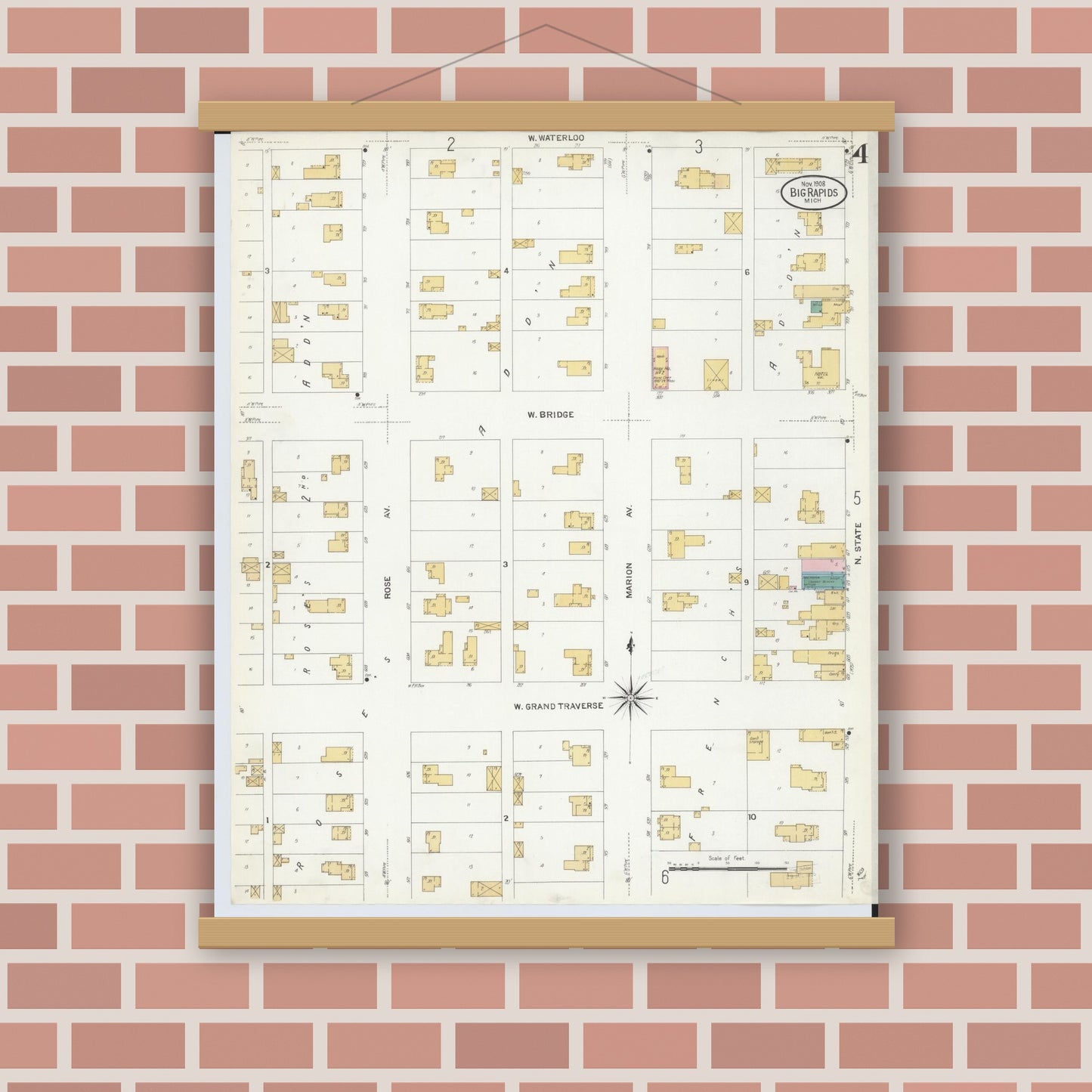 Old map wall art mockup — magnetic wood frame on brick wall — Sanborn Fire Insurance Map from Big Rapids, Mecosta County, Michigan (1908), Sheet #0004