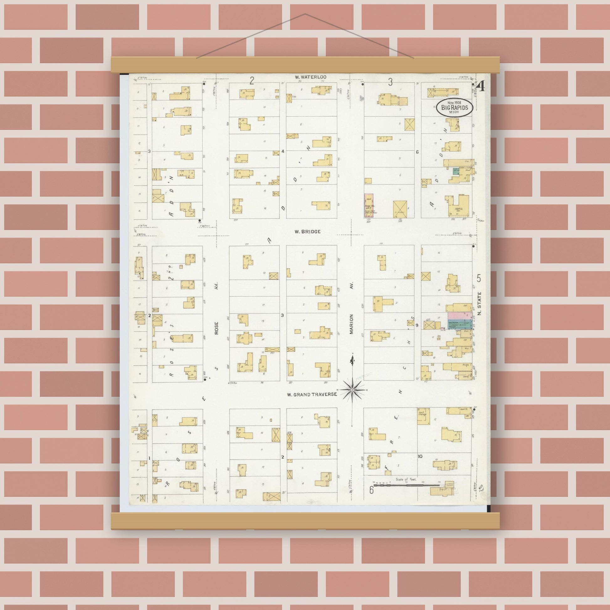 Old map wall art mockup — magnetic wood frame on brick wall — Sanborn Fire Insurance Map from Big Rapids, Mecosta County, Michigan (1908), Sheet #0004