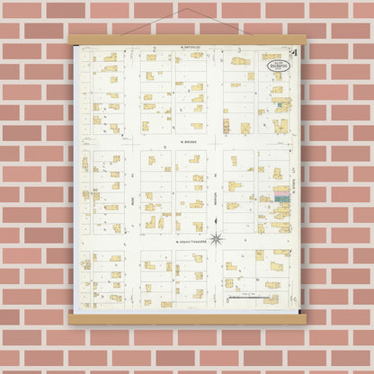 Old map wall art mockup — magnetic wood frame on brick wall — Sanborn Fire Insurance Map from Big Rapids, Mecosta County, Michigan (1908), Sheet #0004