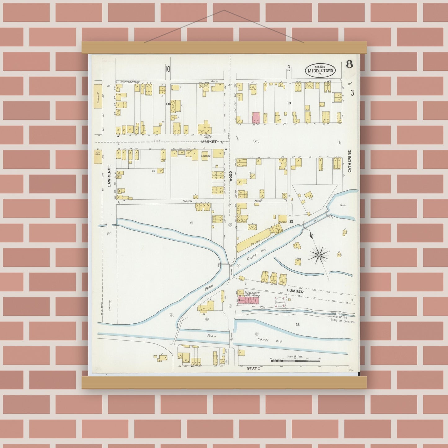 Old map wall art mockup — magnetic wood frame on brick wall — Sanborn Fire Insurance Map from Middletown, Dauphin County, Pennsylvania (1902), Sheet #0008
