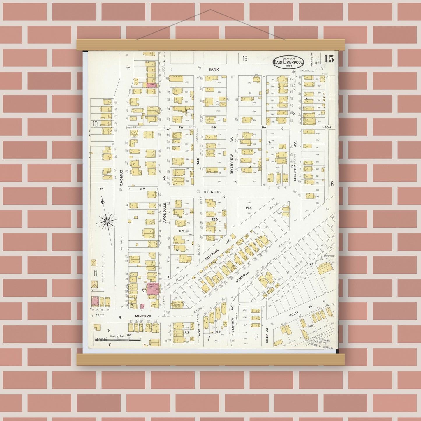 Old map wall art mockup — magnetic wood frame on brick wall — Sanborn Fire Insurance Map from East Liverpool, Columbiana County, Ohio (1908), Sheet #0015