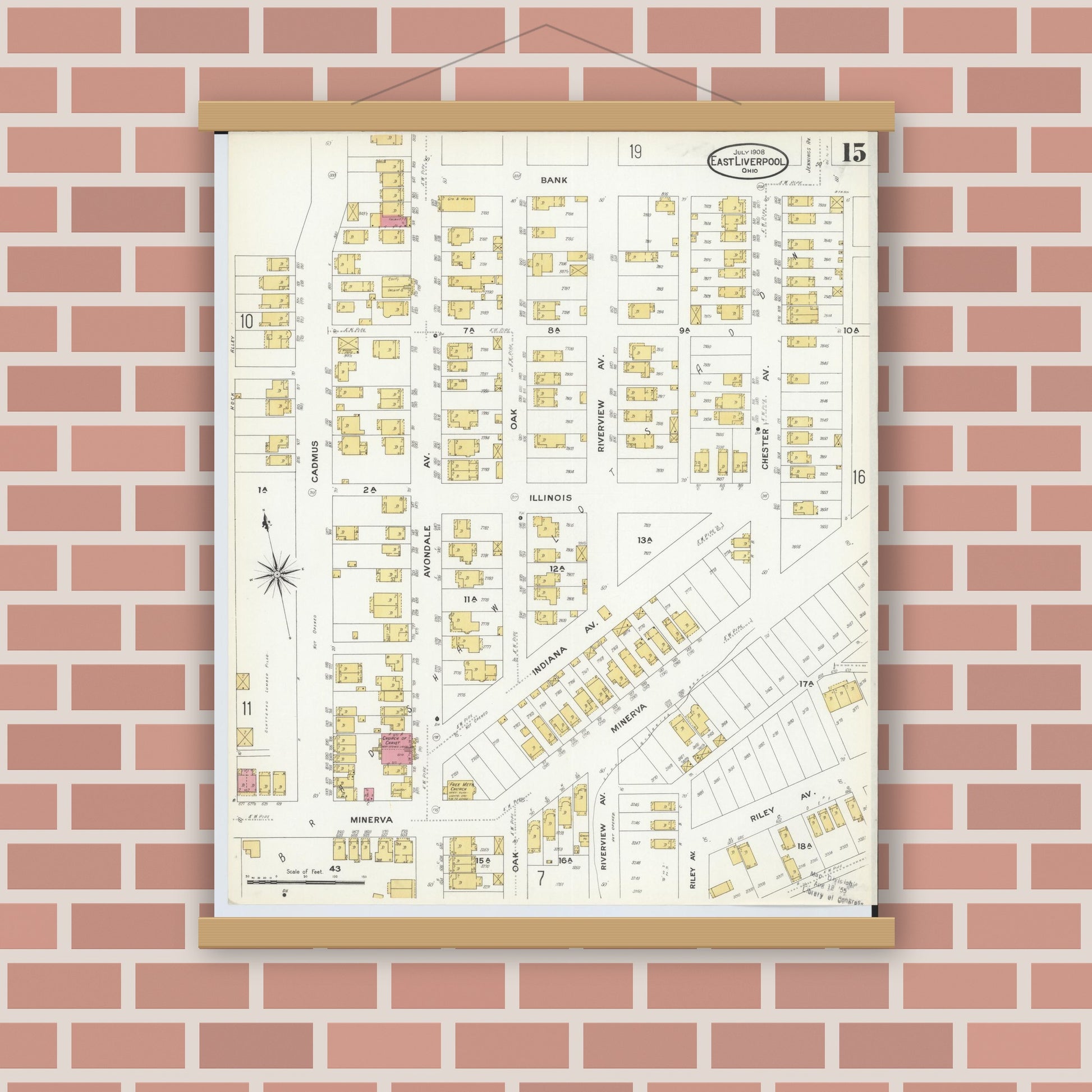 Old map wall art mockup — magnetic wood frame on brick wall — Sanborn Fire Insurance Map from East Liverpool, Columbiana County, Ohio (1908), Sheet #0015