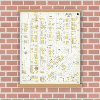 Old map wall art mockup — magnetic wood frame on brick wall — Sanborn Fire Insurance Map from East Liverpool, Columbiana County, Ohio (1908), Sheet #0015