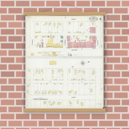 Old map wall art mockup — magnetic wood frame on brick wall — Sanborn Fire Insurance Map from Assumption, Christian County, Illinois (1899), Sheet #0004