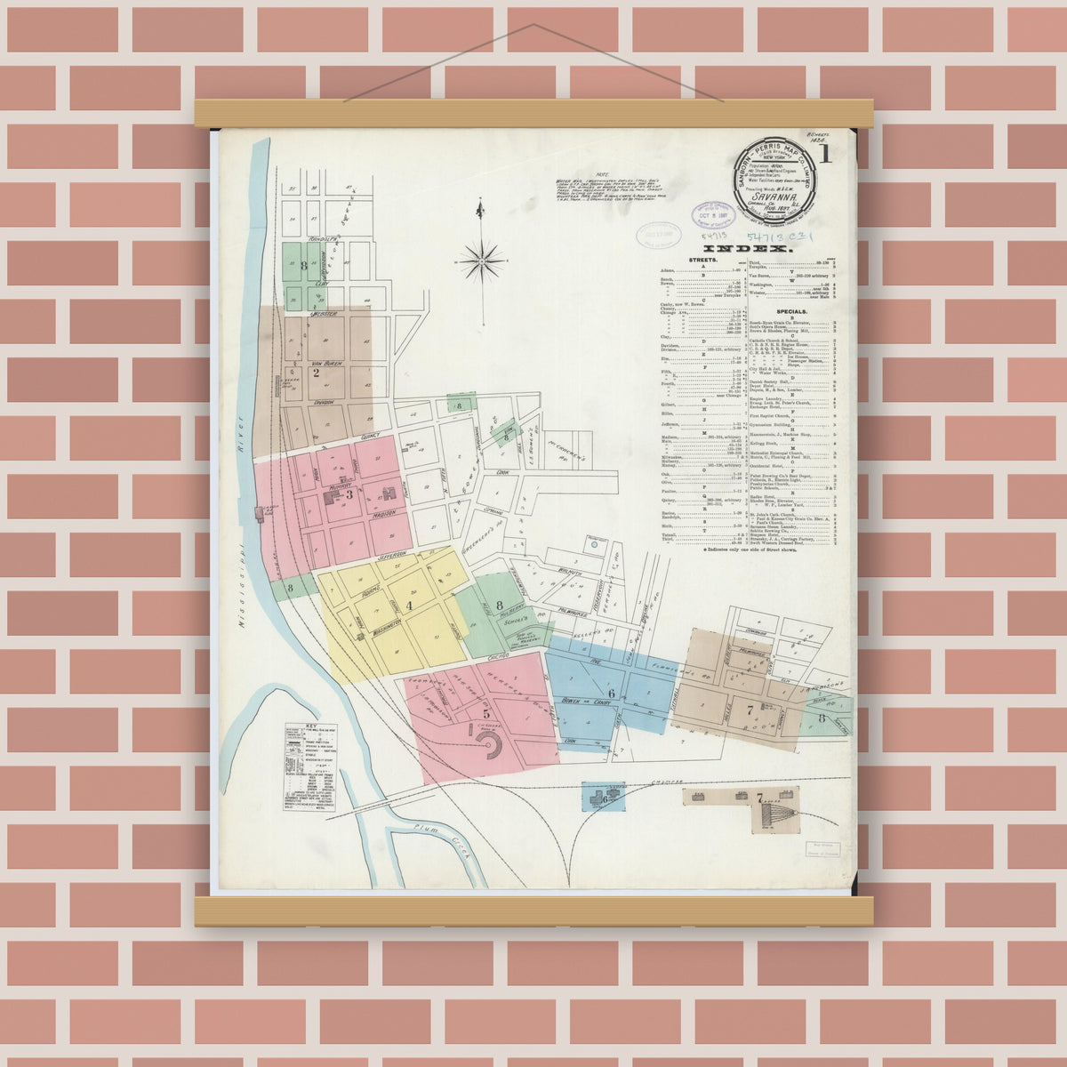 Old map wall art mockup — magnetic wood frame on brick wall — Sanborn Fire Insurance Map from Savanna, Carroll County, Illinois (1897) - Complete Map Set