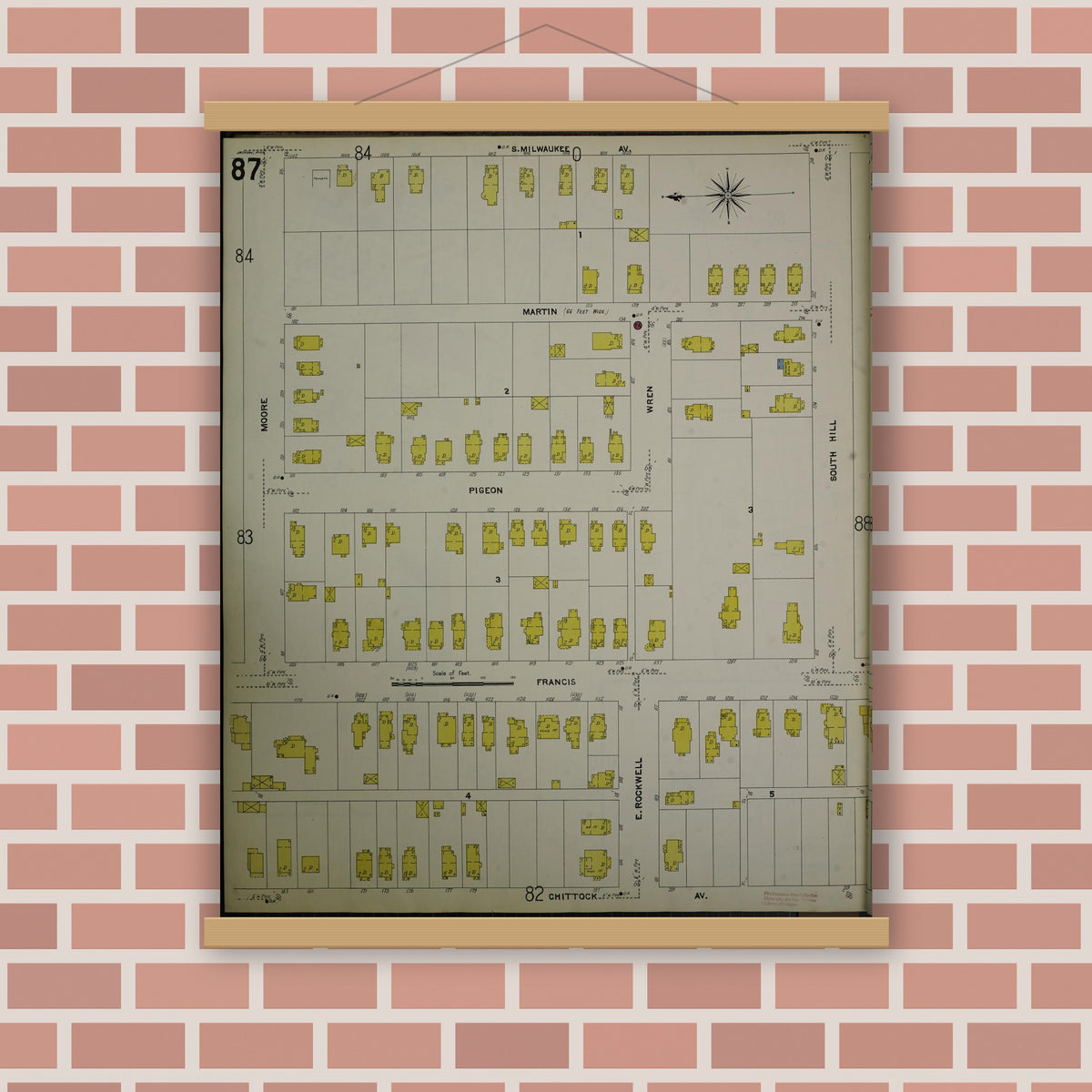 Old map wall art mockup — magnetic wood frame on brick wall — Sanborn Fire Insurance Map from Jackson, Jackson County, Michigan (1907), Sheet #0087