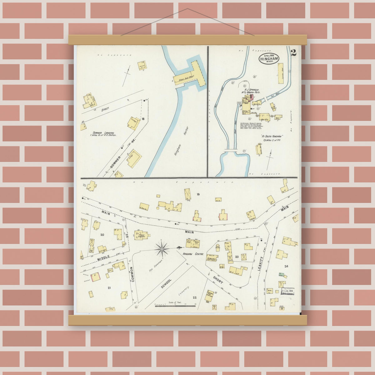 Old map wall art mockup — magnetic wood frame on brick wall — Sanborn Fire Insurance Map from Hingham, Plymouth County, Massachusetts (1898), Sheet #0002