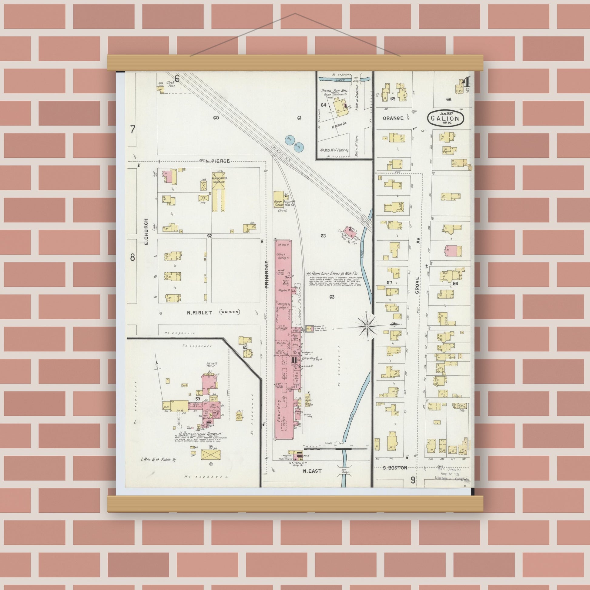 Old map wall art mockup — magnetic wood frame on brick wall — Sanborn Fire Insurance Map from Galion, Crawford County, Ohio (1897), Sheet #0004