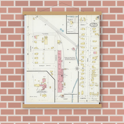 Old map wall art mockup — magnetic wood frame on brick wall — Sanborn Fire Insurance Map from Galion, Crawford County, Ohio (1897), Sheet #0004