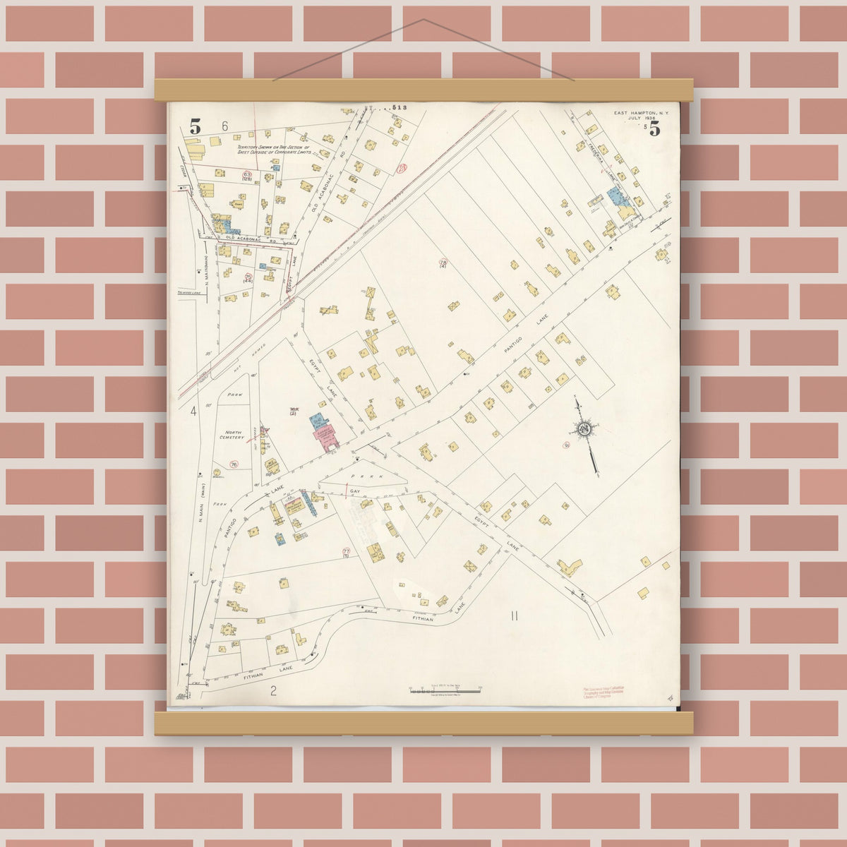 Old map wall art mockup — magnetic wood frame on brick wall — Sanborn Fire Insurance Map from Easthampton, Suffolk County, New York (1943), Sheet #0005