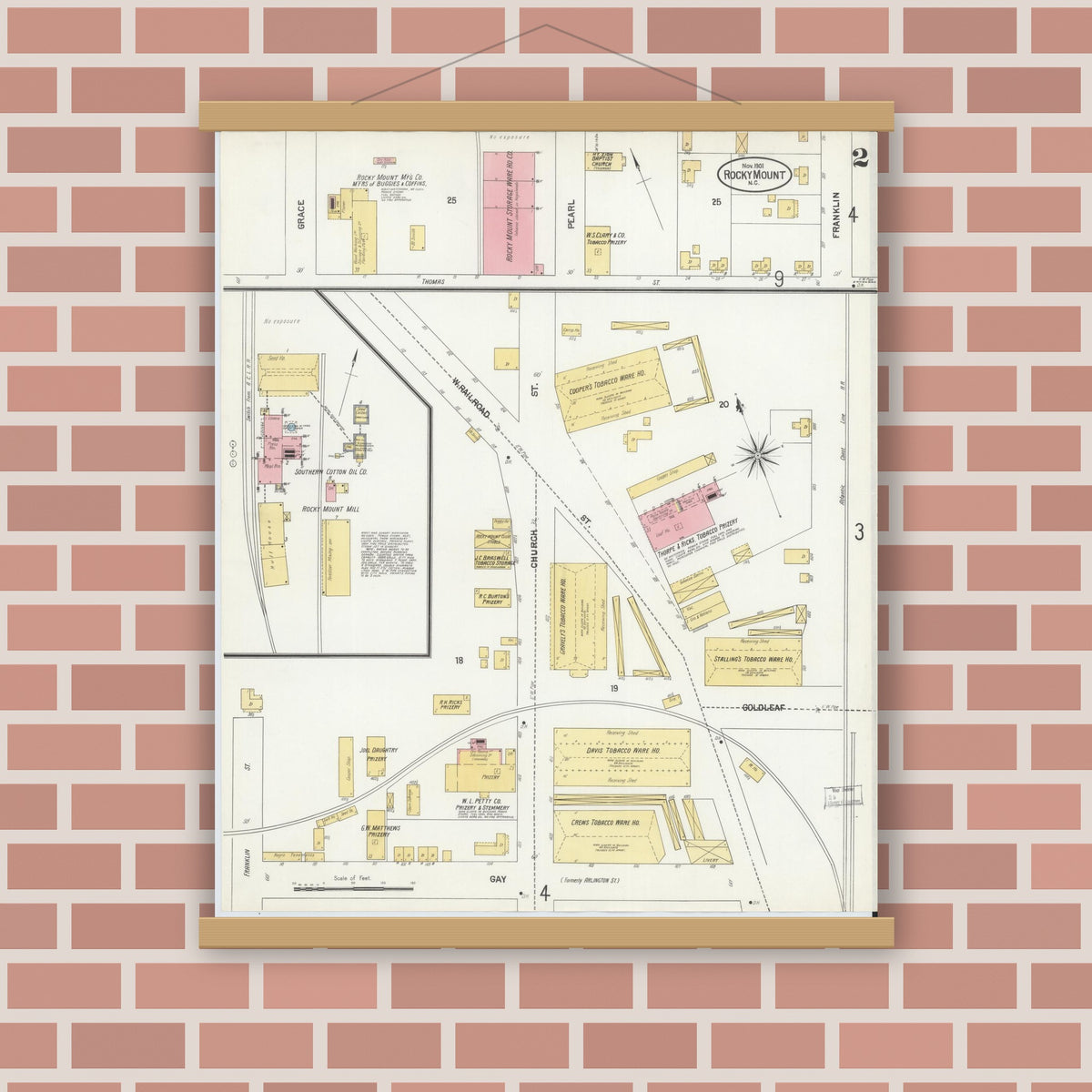 Old map wall art mockup — magnetic wood frame on brick wall — Sanborn Fire Insurance Map from Rocky Mount, Edgecombe And Nash Counties, North Carolina (1901), Sheet #0002