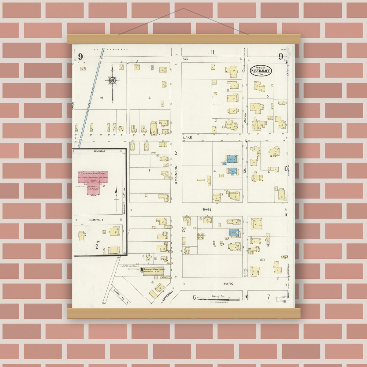 Old map wall art mockup — magnetic wood frame on brick wall — Sanborn Fire Insurance Map from Kissimmee, Osceola County, Florida (1926), Sheet #0009