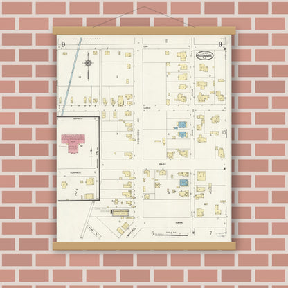 Old map wall art mockup — magnetic wood frame on brick wall — Sanborn Fire Insurance Map from Kissimmee, Osceola County, Florida (1926), Sheet #0009
