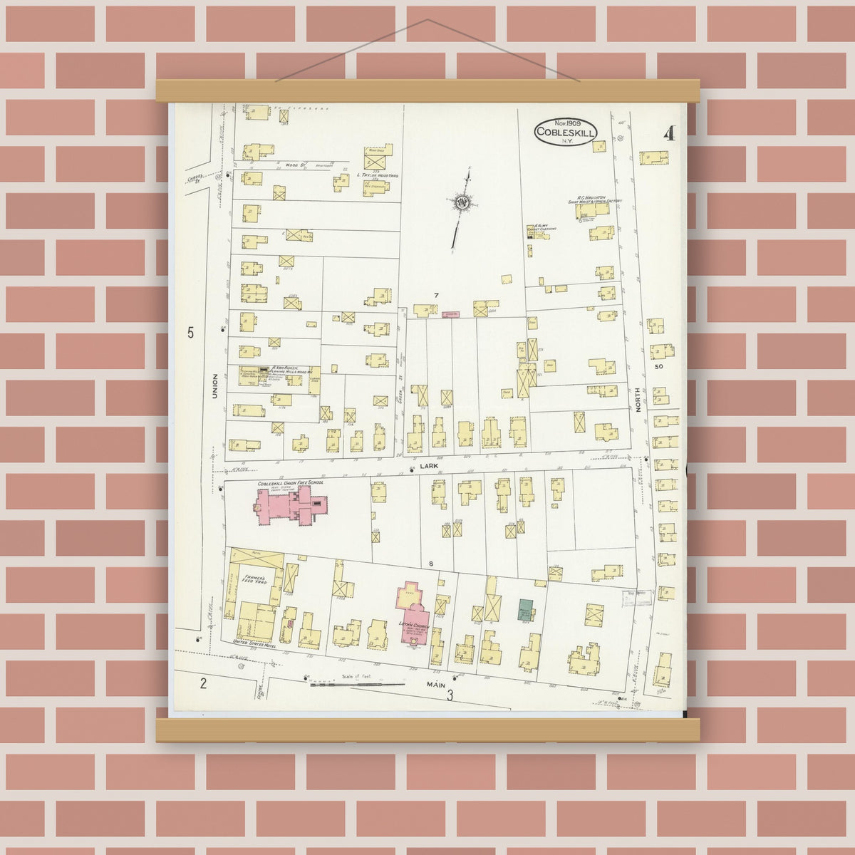 Old map wall art mockup — magnetic wood frame on brick wall — Sanborn Fire Insurance Map from Cobleskill, Schoharie County, New York (1909), Sheet #0004