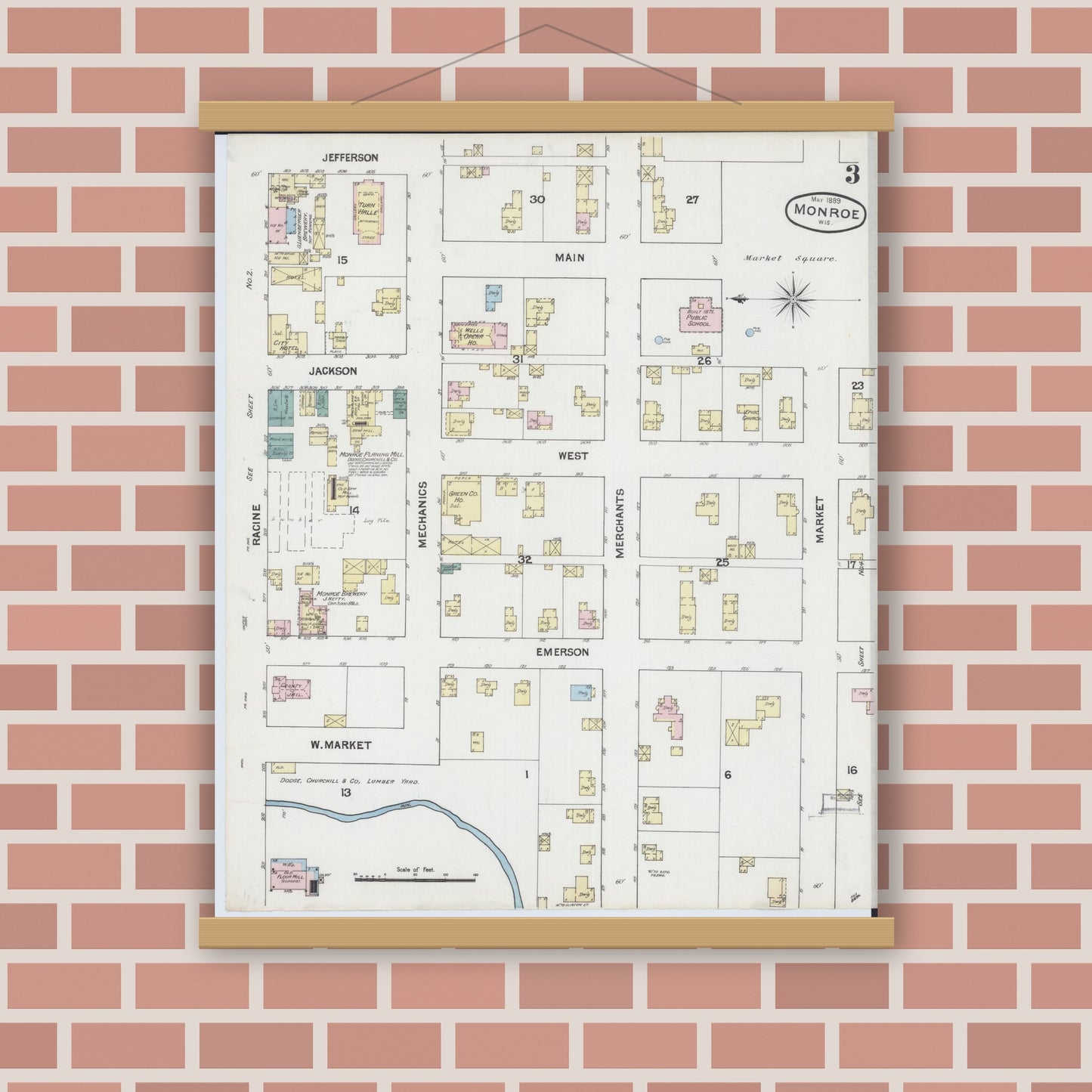 Old map wall art mockup — magnetic wood frame on brick wall — Sanborn Fire Insurance Map from Monroe, Green County, Wisconsin (1889), Sheet #0003