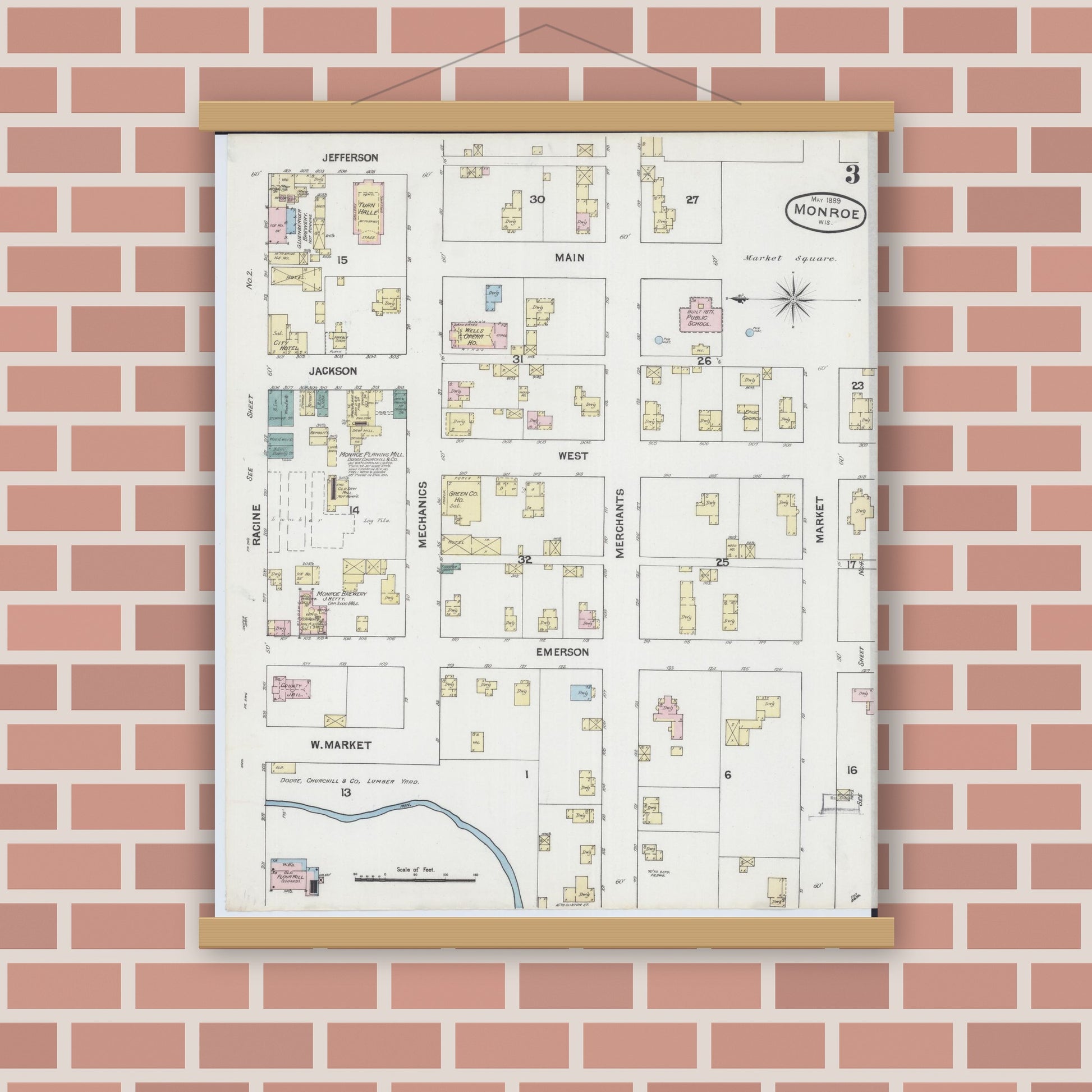 Old map wall art mockup — magnetic wood frame on brick wall — Sanborn Fire Insurance Map from Monroe, Green County, Wisconsin (1889), Sheet #0003