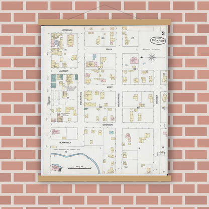Old map wall art mockup — magnetic wood frame on brick wall — Sanborn Fire Insurance Map from Monroe, Green County, Wisconsin (1889), Sheet #0003