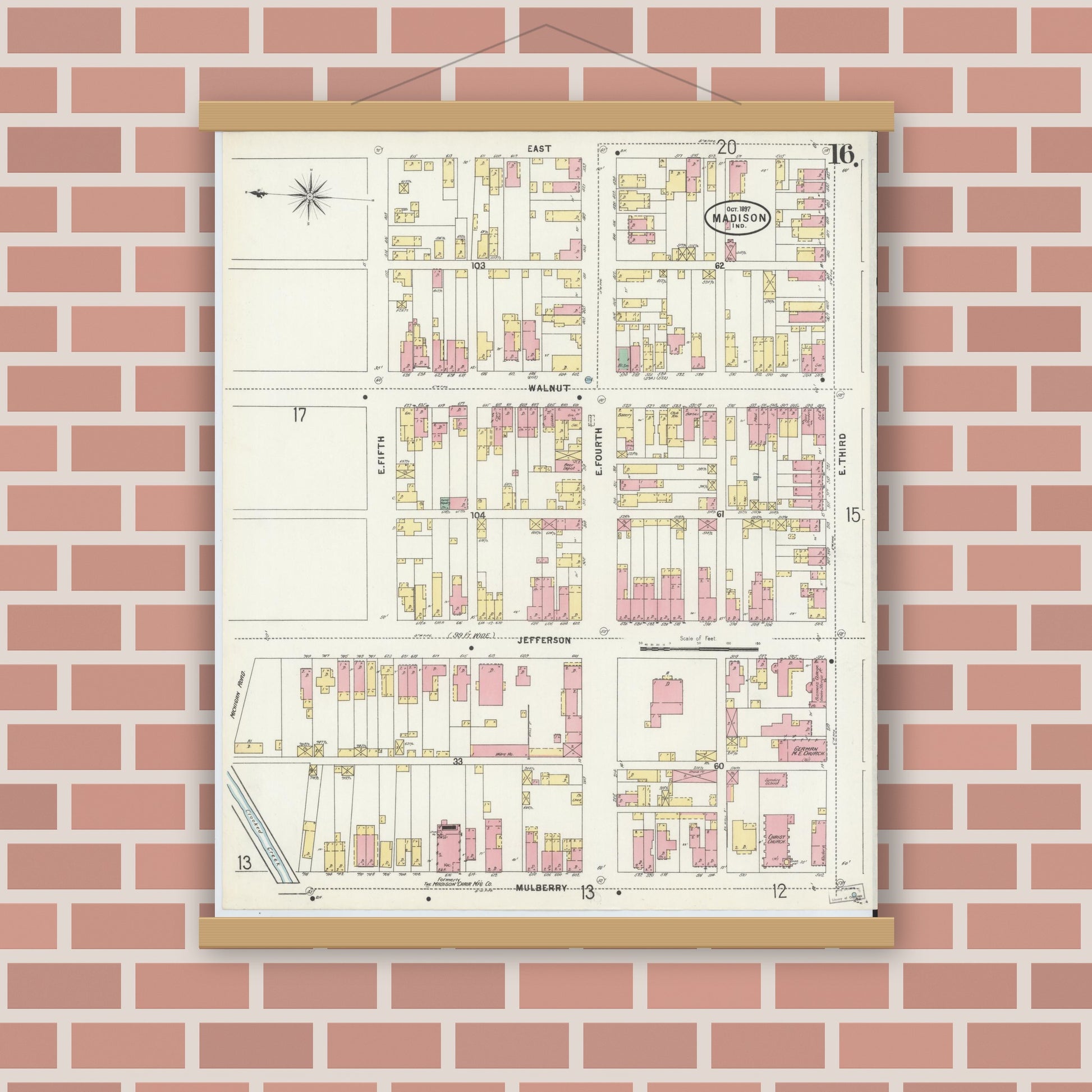 Old map wall art mockup — magnetic wood frame on brick wall — Sanborn Fire Insurance Map from Madison, Jefferson County, Indiana (1897), Sheet #0016
